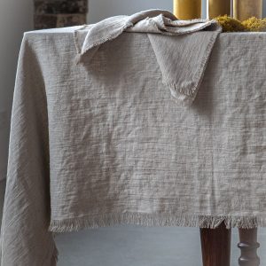 Natural, Off-White, and Gray Linen Tablecloth with Fringed Edge