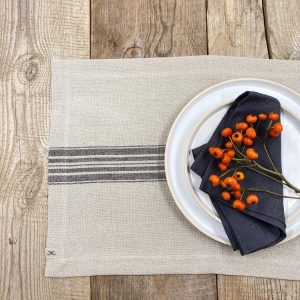 Rustic Black-Stripe Linen Placemats with Mitered Corners