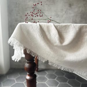 Off-White Raw-Edge Linen Tablecloth with Fringe