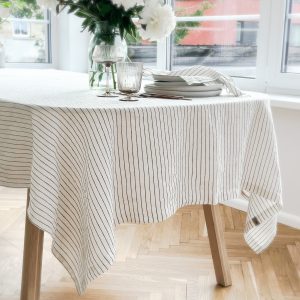 Off-White Linen Tablecloth with Black Pinstripes