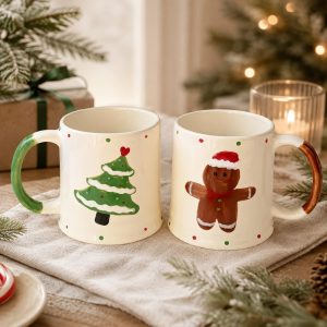Christmas Ceramic Mug with Gingerbread and Tree Design, 12 oz