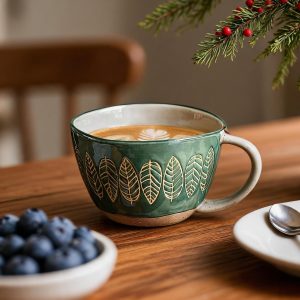 Forest Green Leaf Pattern Ceramic Mug, 14 oz