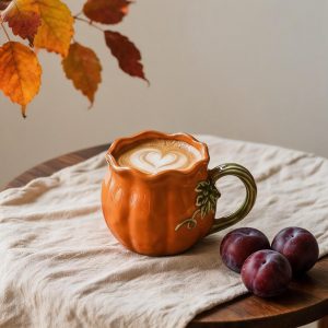 Orange Pumpkin Ceramic Mug with Green Vine Handle