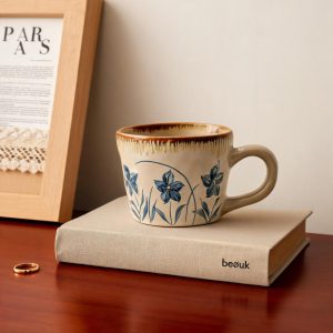 Blue Floral Stoneware Mug, 13 oz