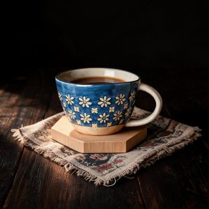 Blue Floral Ceramic Mug, 14 oz
